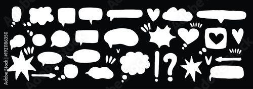 Speech bubble and symbol silhouette set in white on black background. Collection of chat balloons, hearts, stars, arrows, and punctuation for comic and social media design. Minimal communication icon 
