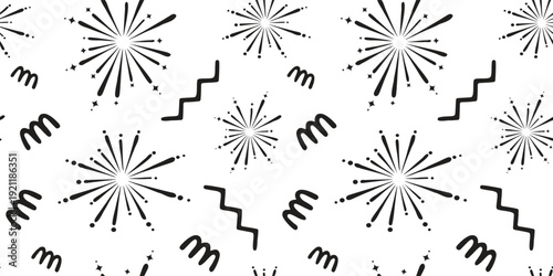 Black and white fireworks seamless pattern with starbursts and confetti lines. Minimal festive background for celebration, party, and holiday design projects. Modern repeating decorative texture.