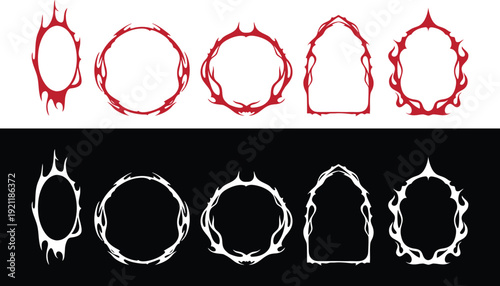 Flame frame set with fire circle and burning border shapes in red and white. Fiery decorative elements for logos, badges, posters, and dramatic design projects. Abstract blaze outline collection.