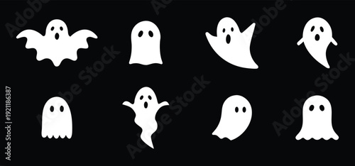 Ghost icon set in white on black background. Cute Halloween spirit silhouettes in minimal style. Clean vector graphics for stickers, apps, and seasonal design.