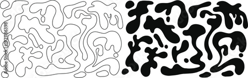 Abstract organic blob pattern in black and outline. Fluid amoeba shapes for modern decorative backgrounds. Seamless vector design for branding, textile, and wallpaper.