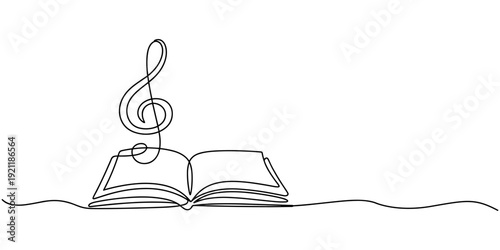 Book with treble clef and musical note continuous one line drawing, Book with treble clef and musical note one line art, hand drawn continuous contour. Creative design. Education studying learning