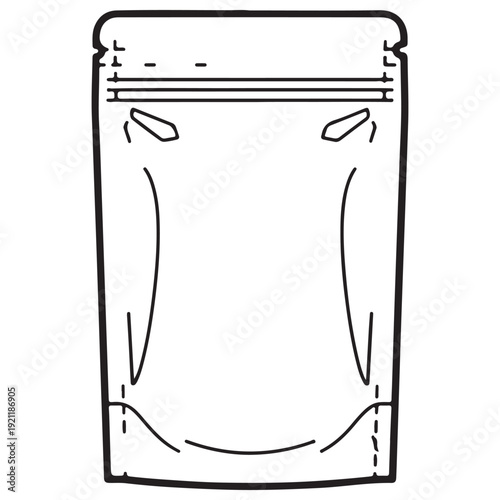 Minimalist line art illustration of a stand-up pouch packaging representing a flexible doypack with a zip lock seal, ideal for food storage, coffee beans, or retail product mockups.