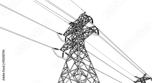 electric pylon vector outline illustrating high voltage energy transmission and vital industrial electric grid infrastructure.