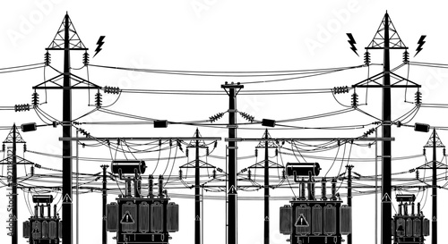 electrical power grid illustration towers lines transformers depicting high voltage energy distribution infrastructure.