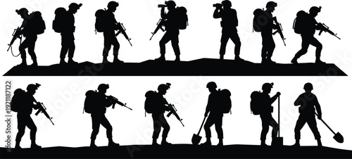 Silhouette soldiers walking, holding rifles, using binoculars, digging with shovels, military gear, field combat, reconnaissance, engineering, support duties vector illustration