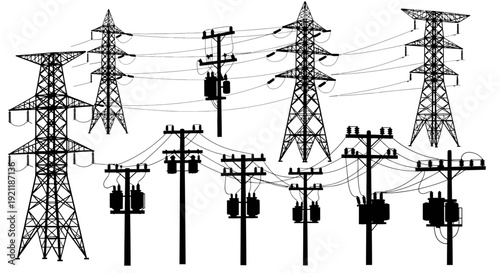 electrical power infrastructure black silhouette featuring transmission towers and utility poles illustrating modern energy distribution.