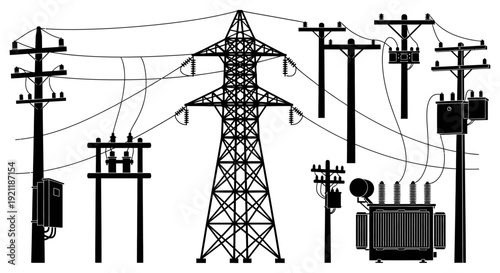 electrical power infrastructure elements transmission tower utility poles transformers and lines essential for energy distribution.