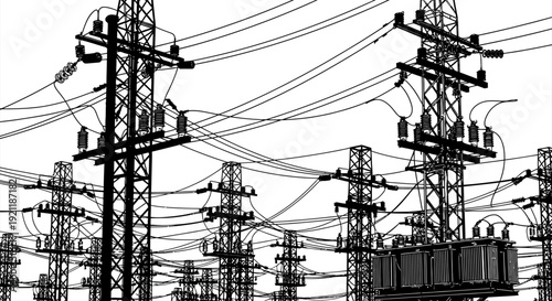 electrical power lines transmission towers and a transformer depicting the complex infrastructure of modern energy distribution.