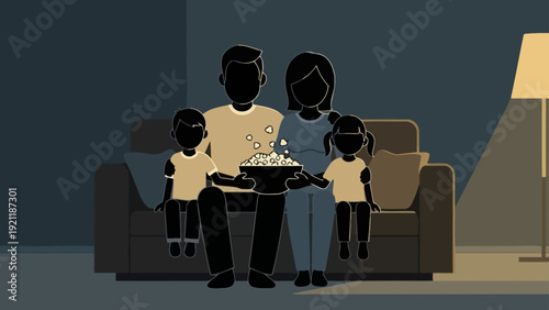 family movie night at home with parents and kids on a sofa dimly lit living room sharing popcorn illustrating family bonding.
