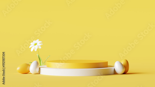 Yellow easter podium with white flower and eggs. 3D rendering