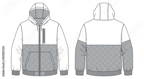 fashion flat sketch of a mens two-tone hooded quilted jacket featuring a front zipper and kangaroo pocket essential for apparel design.
