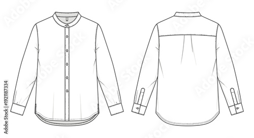 fashion flat sketch of a long sleeve band collar shirt front and back views with buttons cuffs and curved hem for design.