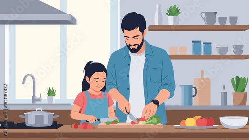 father and daughter chopping vegetables in bright kitchen illustrating family bonding healthy food and culinary skill.