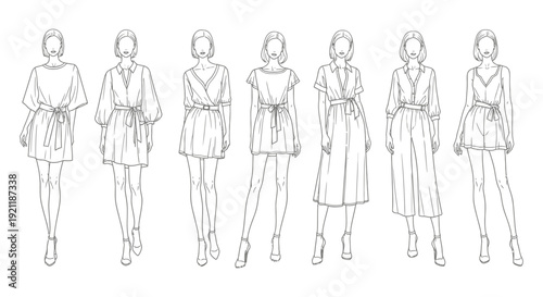 fashion illustrations minimalist line art of women in modern ready-to-wear dresses and jumpsuits for style guides.