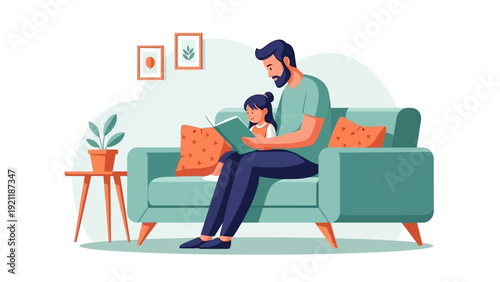 father reading storybook to daughter on sofa in living room illustrating family bonding early childhood literacy and childhood education.
