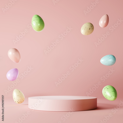 Pastel easter eggs floating around pink empty podium. 3D rendering