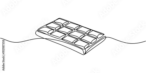A minimalist continuous one line drawing of a chocolate bar with wrapping vector, A detailed line drawing of a chocolate bar with eight individual squares, presented in an isometric view with ties