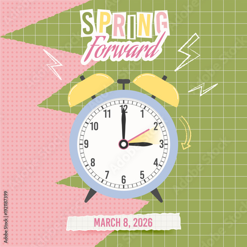 Spring Forward Daylight Saving Time March 8, 2026 collage style square banner