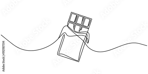 A minimalist continuous one line drawing of a chocolate bar with wrapping vector, A detailed line drawing of a chocolate bar with eight individual squares, presented in an isometric view with ties