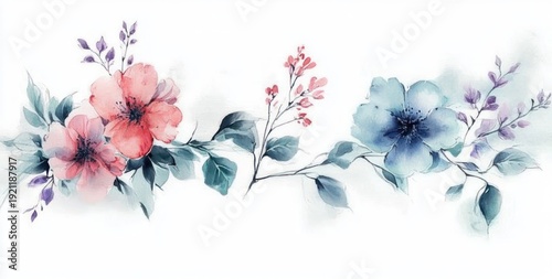 soft watercolor floral garland with pink and blue blossoms, leafy branches and purple buds, delicate and tranquil mood