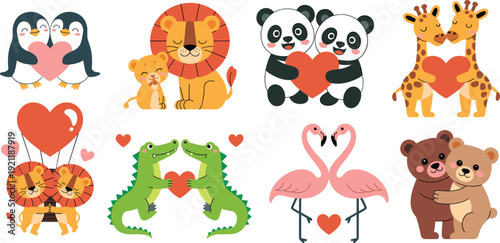 Cute cartoon animal couples holding red hearts, romantic Valentine illustration set for greeting cards, nursery decor and kids design