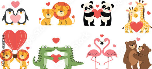Cute cartoon animal couples with red hearts, romantic Valentine illustration collection for greeting cards, nursery prints and kids decor
