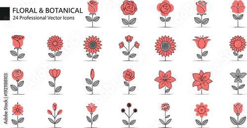 Floral and botanical vector icon set, rose sunflower tulip lily flower collection, professional outline illustration pack isolated on white background for design projects