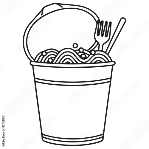 Minimalist line art illustration of a noodle bucket with a fork and handle, representing takeout Asian street food or instant ramen, clean black and white vector graphic for coloring book.
