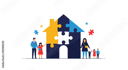 Multi-colored jigsaw puzzle pieces form a house shape as a happy family stands beside it on a clean white background.