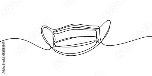 Face mask one line art drawing of medical protective equipment, Continuous one line drawing of a face mask. Concept of protection, health and safety, Fabric Face Mask Protection continuous one line