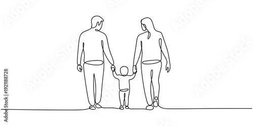 Front view of parents with their little kid holding hands and walking together black linear sketch, Happy family in continuous line art drawing style. Front view of parents with their little kid