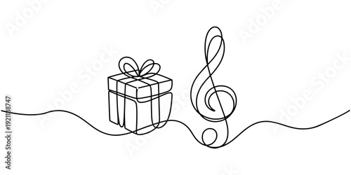 gift box and Musical Note continuous one line drawing, Gift Box Continuous Line Icon, Gift box outline, Continuous line icon, Continuous Line Drawing of Giveaway Icon. Hand Drawn Symbol Vector
