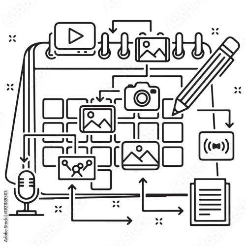 Content Marketing Editorial Calendar Illustration Featuring Multimedia Icons for Video, Audio, and Photography Planning in a Minimalist Black and White Line Art Style for Digital Strategy.