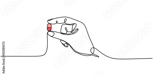 Hand hold red pill continuous one line drawing, Self drawing of hands hold red pill and blue pill drawn by single continuous line. one line decision making and choice.