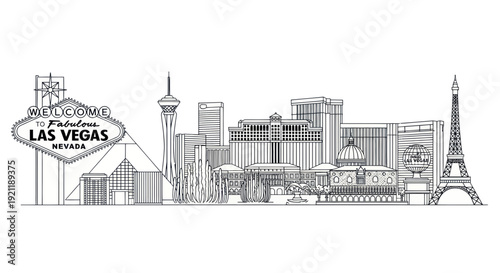 Las Vegas Skyline Doodle Art, Iconic Nevada Landmarks, Welcome Sign, Eiffel Tower