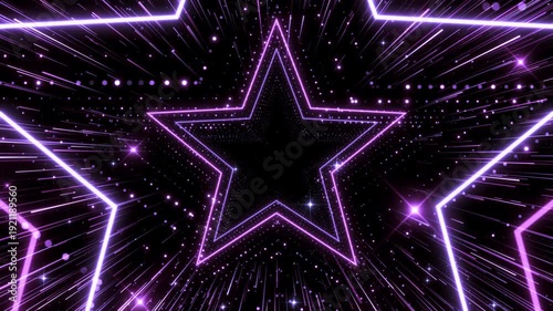Neon Purple Star Light Tunnel with Glowing Lines and Particles – Futuristic Abstract Disco Background
