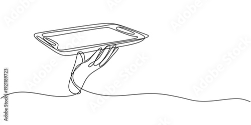 Hand holding tray for hot dishes continuous one line drawing, Hand holding tray for hot dishes continuous one line drawing, Single one line drawing tray on hand. Hand of waiter holding