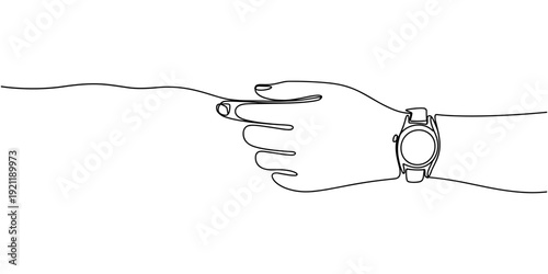 Hand wearing a wristwatch in continuous line drawing. Minimalist illustration for beauty and fashion, Continuous single line sketch drawing of people hand wearing wrist watch. One line art of business