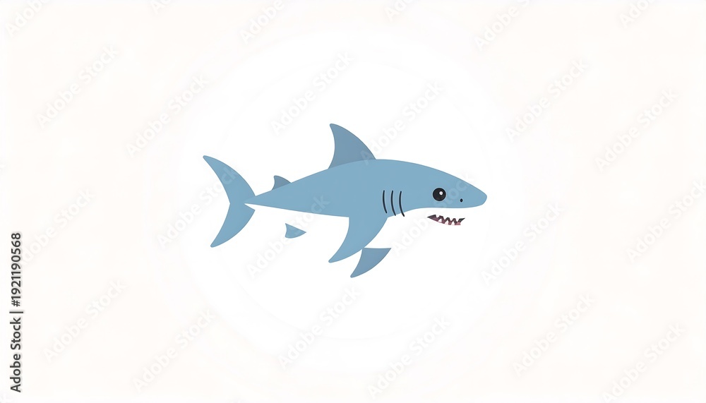 Fototapeta premium A cartoon-style illustration of a shark. The aquatic creature is blue, has a white belly, and sharp teeth. It is set against a simple white background