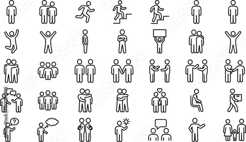 People outline icon set with walking, running, teamwork, family, communication and social interaction symbols vector collection for business and community design