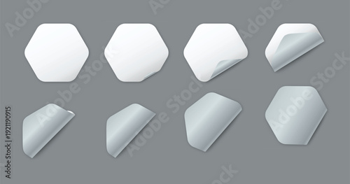 Collection of eight hexagonal stickers with peeling corners