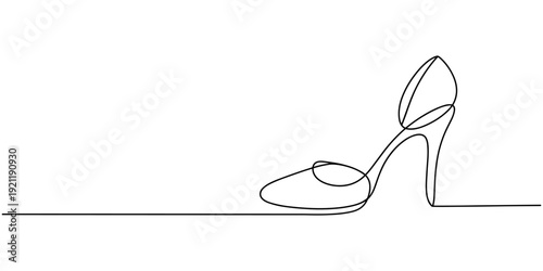 Elegant one line drawing of a high heel stiletto shoe, continuous line illustration featuring a minimalist fashion silhouette with an unbroken linear form and smooth flowing line.