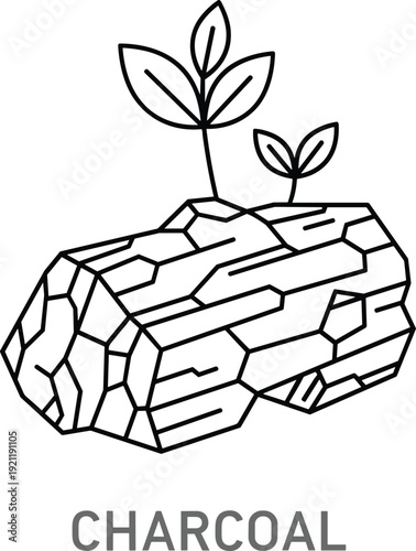 Charcoal log with green sprouts vector illustration representing renewable energy carbon sequestration environmental sustainability and natural wood fuel for organic industry concepts.