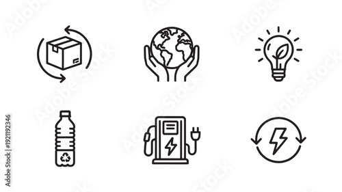 minimalist eco-friendly and green energy icon set featuring sustainable business symbols for recycling, renewable power, and global environmental conservation.