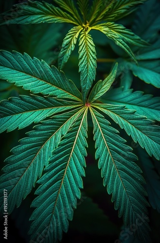 close-up of vibrant teal-green palmate cannabis leaves with detailed serrated edges and visible veins, evoking calm natural vitality