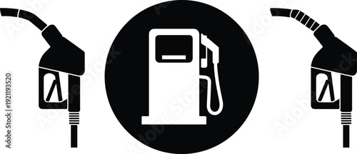 Black and white fuel pump and gasoline nozzle icons set, flat vector illustration of petrol station equipment symbol isolated on white background for energy concept