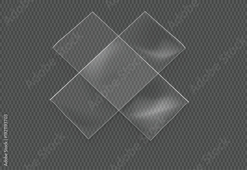 Realistic transparent adhesive tape pieces overlapping in a cross shape a versatile design element for mockups texture overlays or subtle transparent effects vector illustration