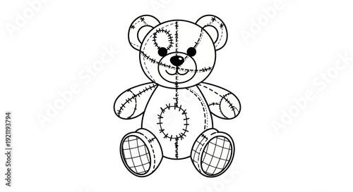 Fotografie Cute Teddy Bear Drawing, Black and White Outline, Stitched Toy Animal