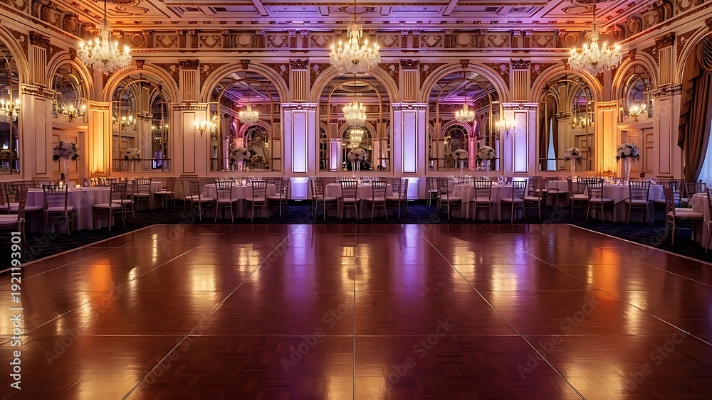 Fototapeta premium Elaborate ballroom with chandeliers, tables, and wooden dance floor